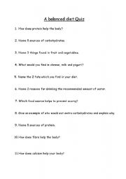 English worksheet: A balanced Diet Quiz