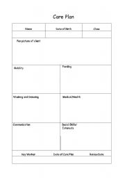 English worksheet: Care plan form and profile