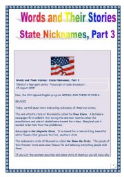 The USA- Words & their stories series - STATE NICKNAMES # 3 (Comprehensive PROJECT, 5 tasks, 10 pages, includes MP3 link & KEY)