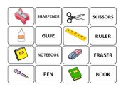 English Worksheet: School objects memory game part 1