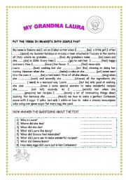 English Worksheet: MY GRANDMA LAURA -revision on simple past