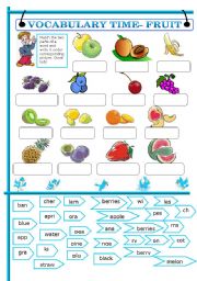 English Worksheet: VOCABULARY TIME - FRUIT (plus bw version, editable)