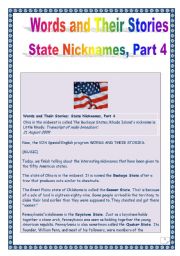 The USA- Words & their stories series - STATE NICKNAMES # 4 (Comprehensive PROJECT, 5 tasks, 11 pages, includes MP3 link & KEY)