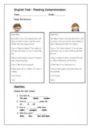 English Worksheet: reading comprehension test for young pupils