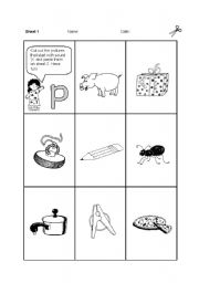 English worksheet: Initial Sound  * P *  Cut and Paste!  (2 pages) SHALL I CONTINUE?