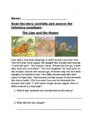 English Worksheet: The lion and the mouse- Reading Comprehension