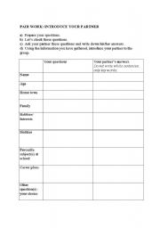 English worksheet: pair work: introduce your partner