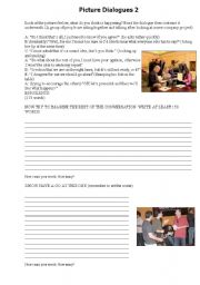 English Worksheet: Dialogues 2 using pictures (writing practise)