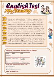 English Worksheet: English Test (3 parts): 7th form.Reading Comprehension/Grammar+ Vocabulary/writing(+Key)