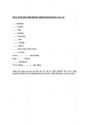 English worksheet: FILL IN THE BLANKS WITH IN, AT AND ON AND SAY THE DIFFERENCE BETWEEN AT AND IN