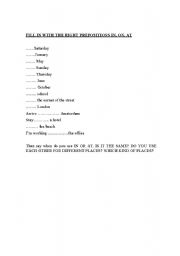 English Worksheet: FILL IN THE BLANKS WITH IN, AT AND ON AND SAY THE DIFFERENCE BETWEEN AT AND IN