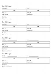 English worksheet: end shift report