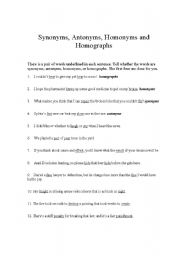 English Worksheet: Synonyms, Antonyms, Homonyms and Homographs