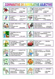 English Worksheet: COMPARATIVE OR SUPERLATIVE  ADJ (2 PAGES)