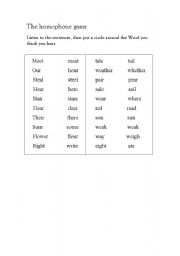 English worksheet: the homophone game