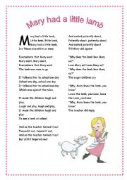 English worksheet: Mary had a little lamb