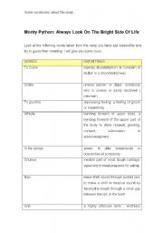 English Worksheet: Monty Pyton Vocabulary: always look on the bright side of life
