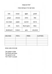 English worksheet: clothes, colours, toys  and food copy in the right place