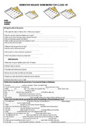 English Worksheet: HOMEWORK FOR SEMESTER HOLIDAY 