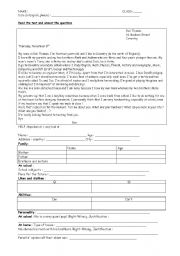 English Worksheet: A LETTER reading comprehension