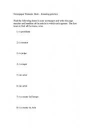 English Worksheet: Scanning Practice: Newspaper Treasure Hunt