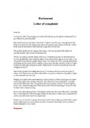 English Worksheet: letter of complaint at the restuarant