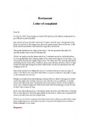 English worksheet: letter of complaint at the restuarant