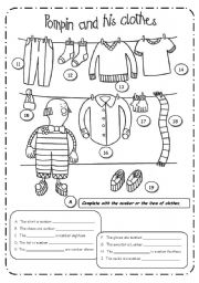 English Worksheet: CLOTHES + NUMBERS + COLOURS  - B&W - EDITABLE - 