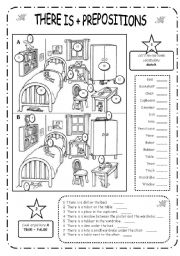 English Worksheet: There is + prepositions  B&W - EDITABLE