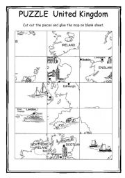 English Worksheet: Puzzle - Map of United Kingdom + key