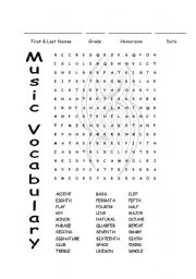 English worksheet: Music Vocabulary Word Search