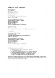 English worksheet: Queen - We Are The Champions - lyrics and vocab questions