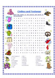 English Worksheet: Clothes & Footwear Wordsearch + KEY