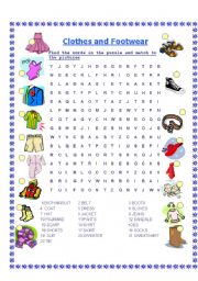 Clothes & Footwear Wordsearch + KEY