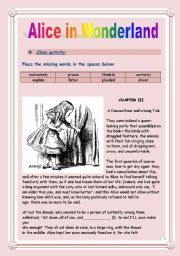 English Worksheet: Reading time!!! Alice in Wonderland (Chapter III) - Cloze activity. (8 pages - KEY included)