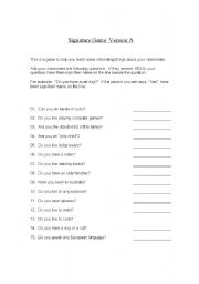 English worksheet: Signature Game Ver A