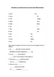 English Worksheet: Homophones. Words that sound the same, but mean different things