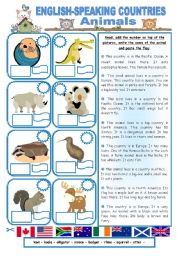 English Worksheet: ENGLISH-SPEAKING COUNTRIES (21) - Animals