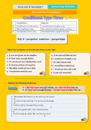 English Worksheet: Conditional Type three