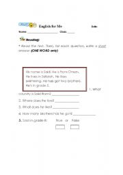 English worksheet: reading quize for biginers