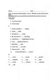 English worksheet: Articles a and an