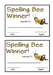 English Worksheet: Spelling Bee Award