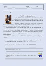 English Worksheet: Test - Justins freetime activities