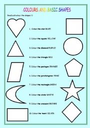 English Worksheet: COLOURS AND BASIC SHAPES 