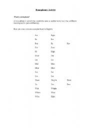 English Worksheet: Homophones Activity