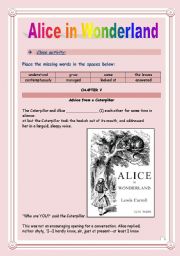 English Worksheet: Reading time!!! Alice in Wonderland (Chapter V) - Cloze activity. (9 pages - KEY included)