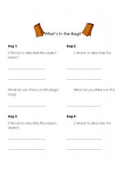 English worksheet: Whats in the Bag Senses Activity