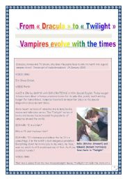 English Worksheet: COMPREHENSIVE LISTENING / reading PROJECT - VAMPIRES (from Dracula to Twilight) - (11 tasks, 13 pages, includes ANSWER KEY & LINK)