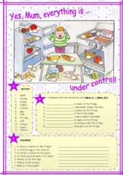 English Worksheet: THERE IS / ISNT + FOOD  + PREPOSITIONS  