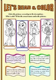 English Worksheet: LETS READ & COLOR - CLOTHING - PHYSICAL DESCRIPTIONS - COLORS